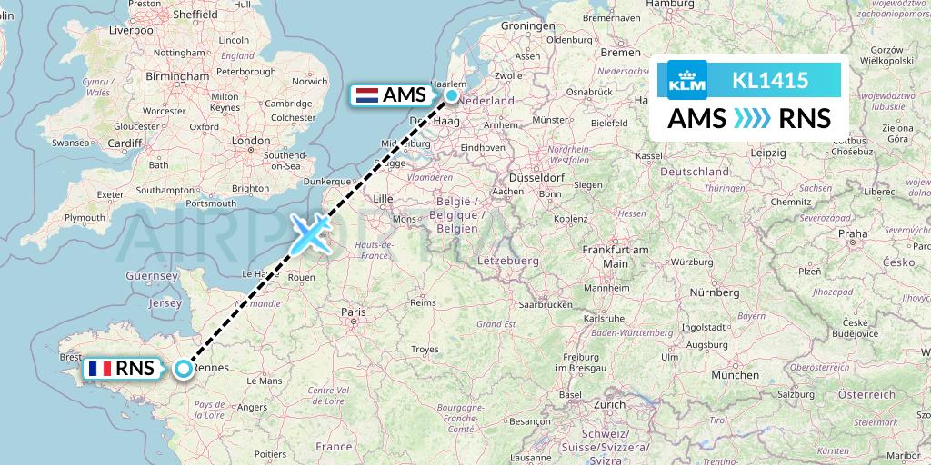 KL1415 KLM Flight Map: Amsterdam to Rennes