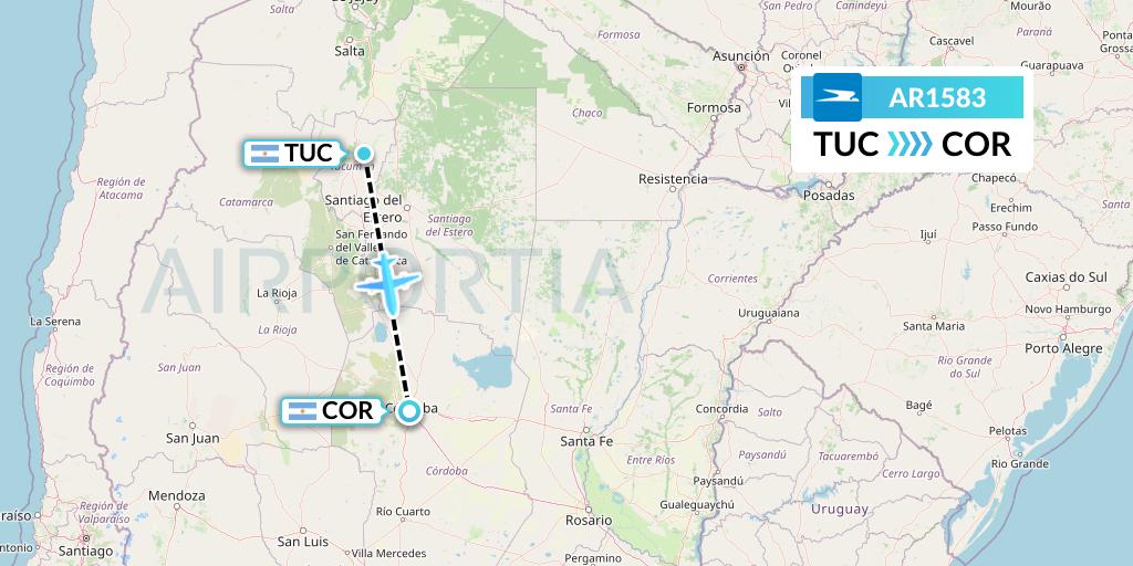 AR1583 Aerolineas Argentinas Flight Map: Tucuman to Cordoba