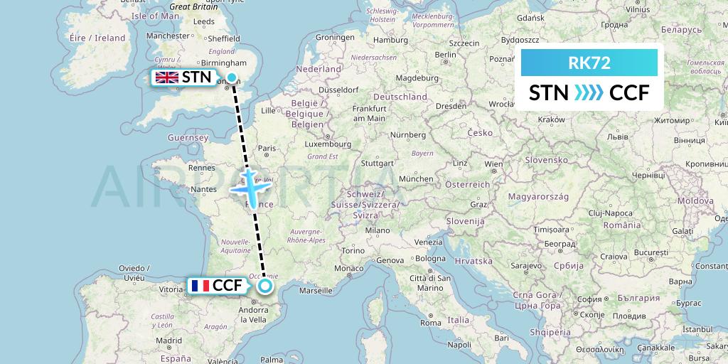 RK72 Ryanair UK Flight Map: London to Carcassonne