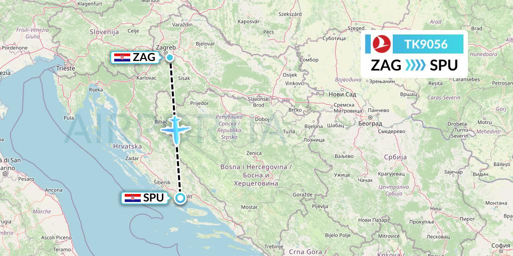 TK9056 Turkish Airlines Flight Map: Zagreb to Split
