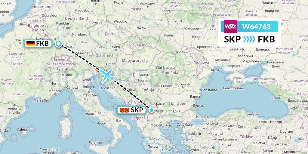 W64763 Wizz Air Flight Map: Skopje to Karlsruhe/Baden-Baden