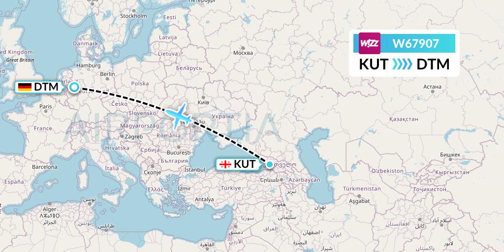 W67907 Wizz Air Flight Map: Kutaisi to Dortmund