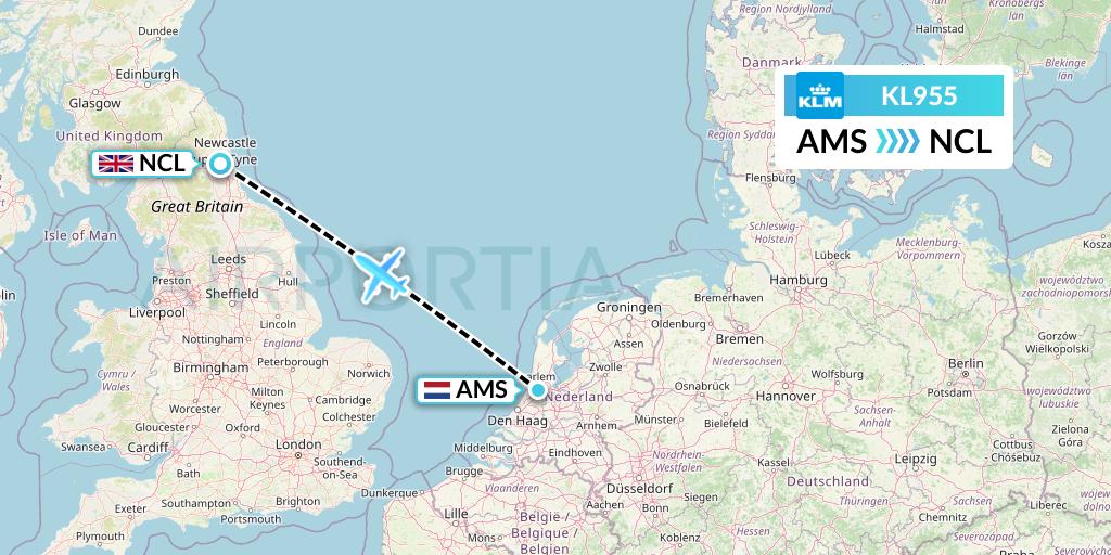 KL955 KLM Flight Map: Amsterdam to Newcastle