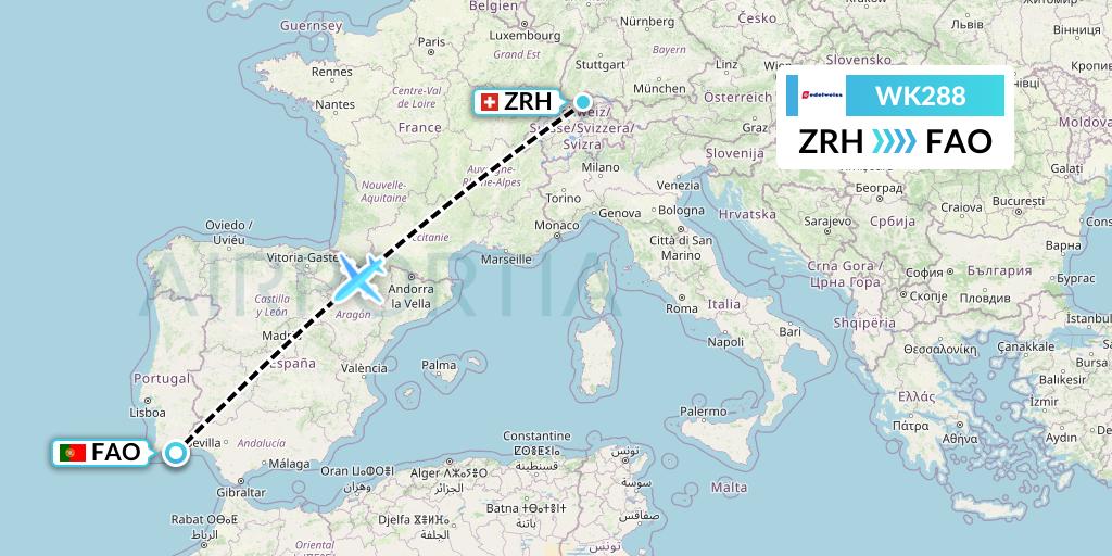 WK288 Edelweiss Air Flight Map: Zurich to Faro