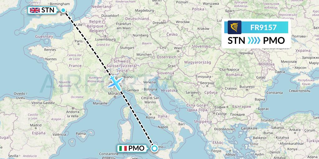 FR9157 Ryanair Flight Map: London to Palermo