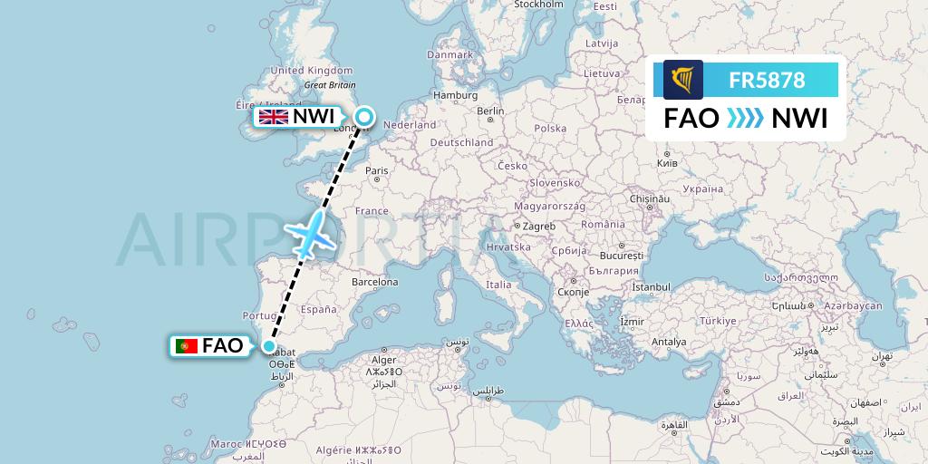 FR5878 Ryanair Flight Map: Faro to Norwich