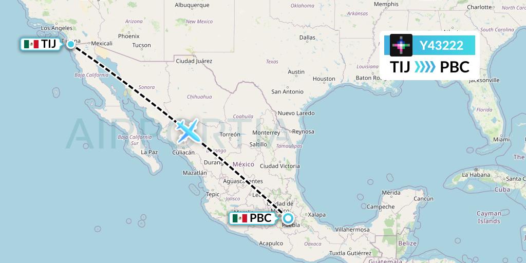 Y43222 Volaris Flight Map: Tijuana to Puebla