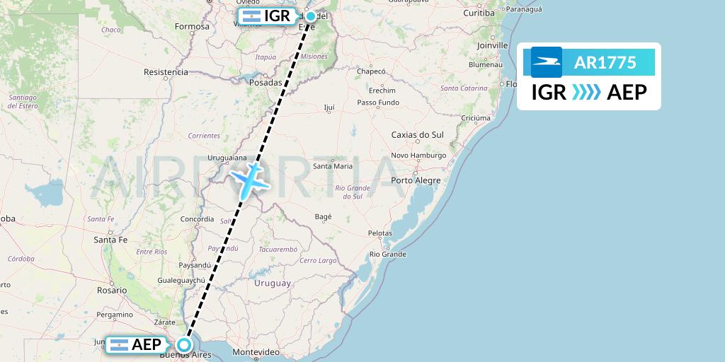 AR1775 Aerolineas Argentinas Flight Map: Puerto Iguazu to Buenos Aires
