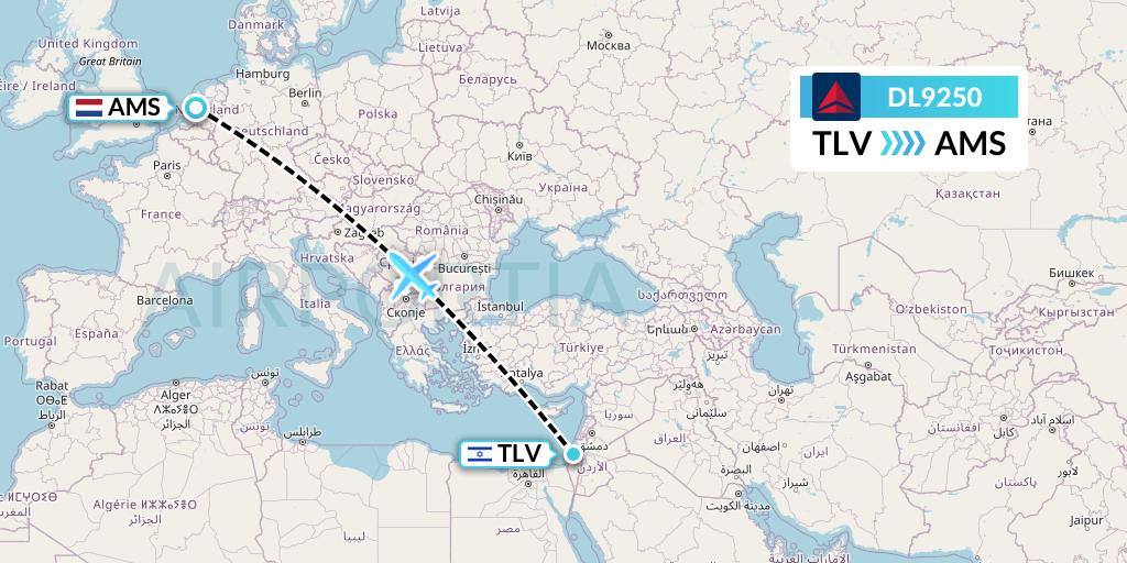 DL9250 Delta Air Lines Flight Map: Tel Aviv to Amsterdam