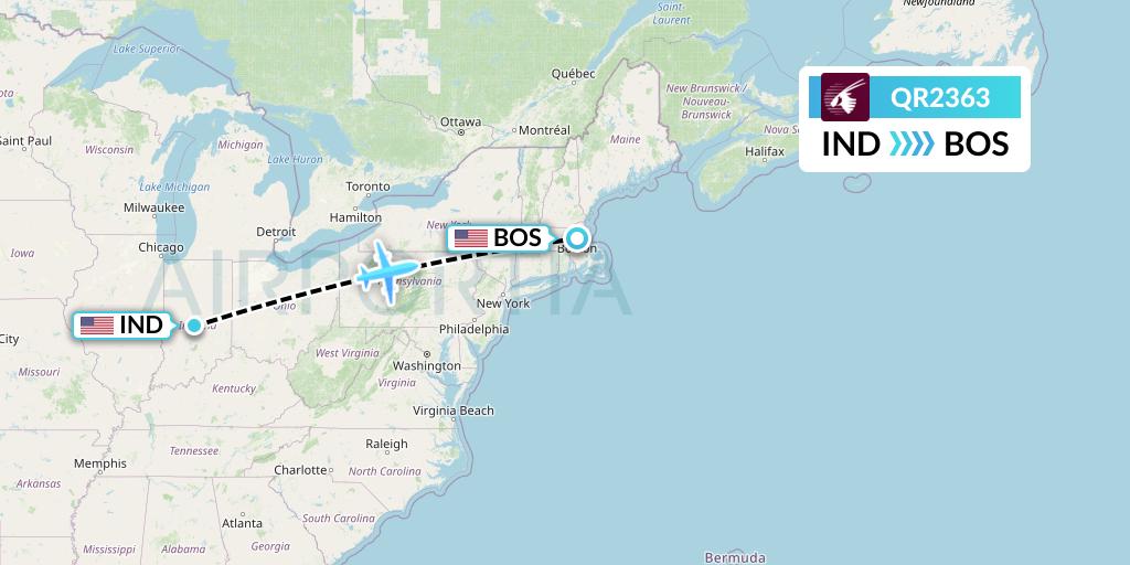 QR2363 Qatar Airways Flight Map: Indianapolis to Boston