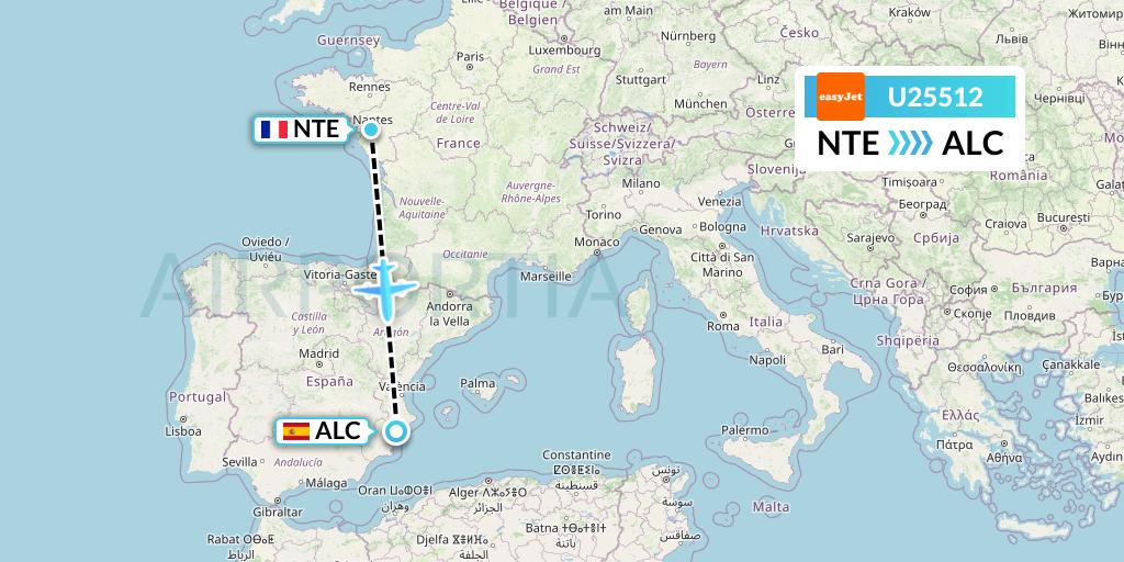U25512 EasyJet Flight Map: Nantes to Alicante