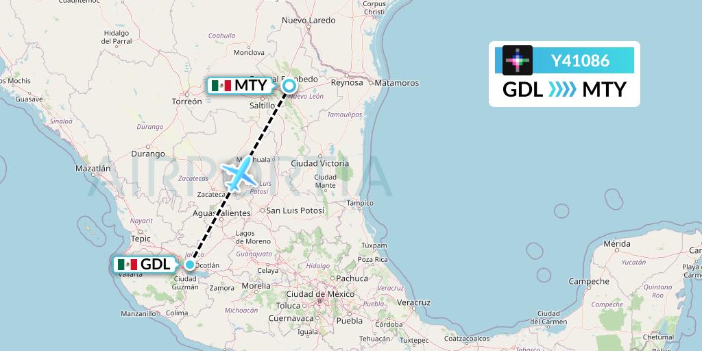 Y41086 Volaris Flight Map: Guadalajara to Monterrey