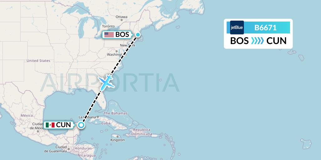 B6671 JetBlue Airways Flight Map: Boston to Cancun