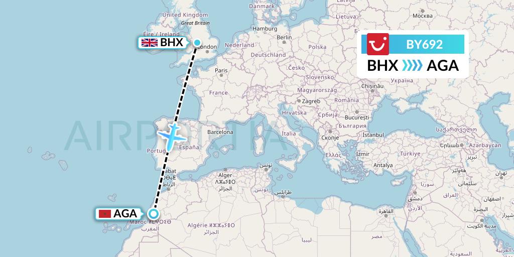 BY692 TUI Airways Flight Map: Birmingham to Agadir