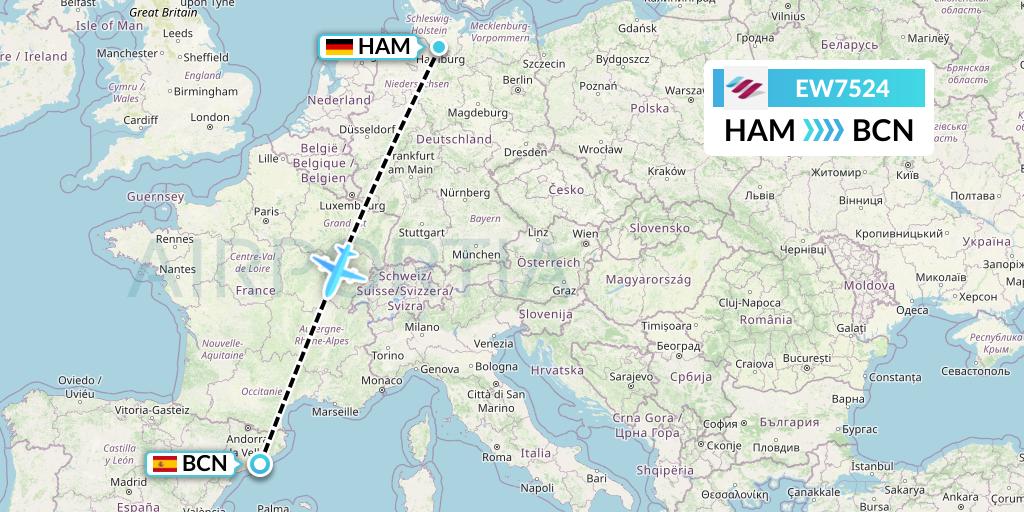 EW7524 Eurowings Flight Map: Hamburg to Barcelona