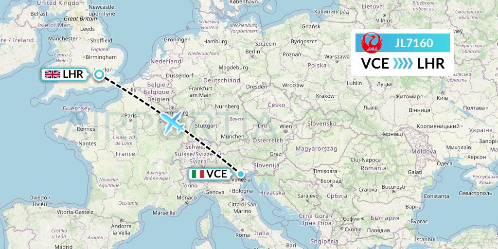 JL7160 Japan Airlines Flight Map: Venice to London