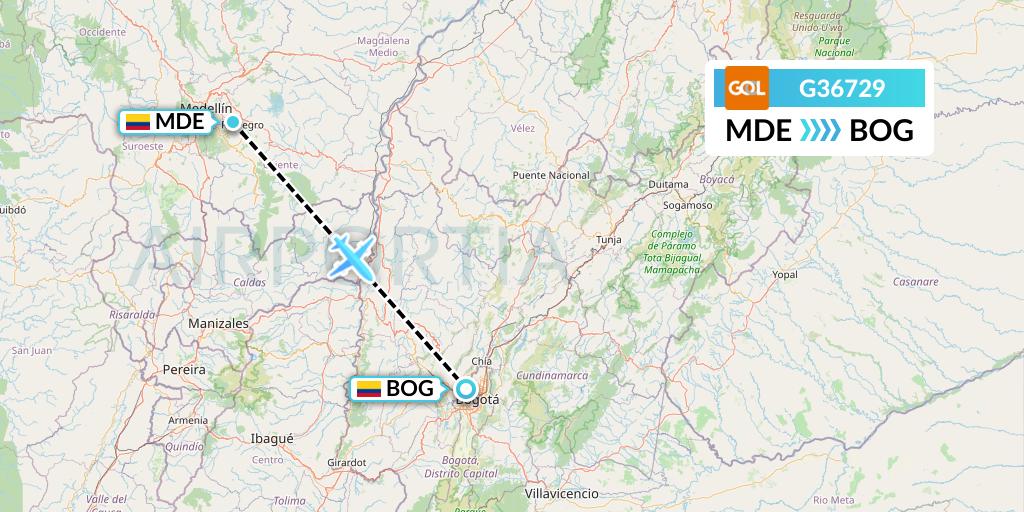 G36729 GOL Transportes Aeros Flight Map: Medellin to Bogota