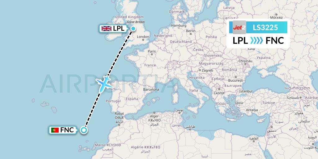 LS3225 Jet2 Flight Map: Liverpool to Funchal
