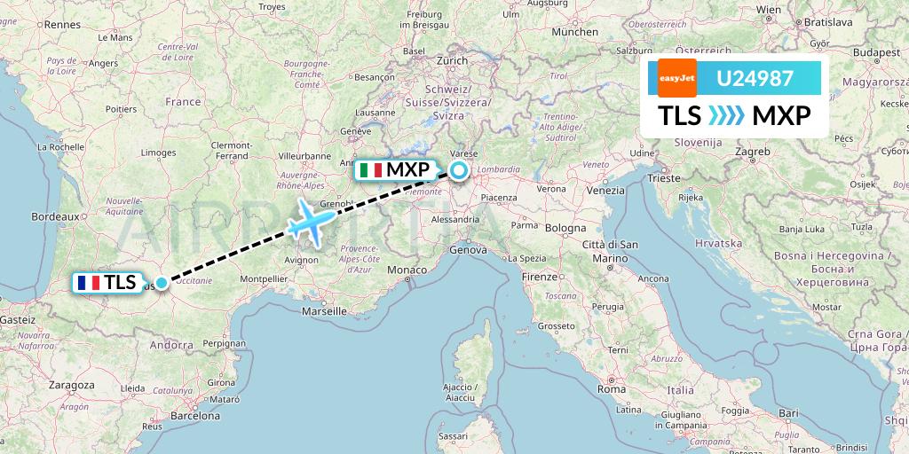 U24987 EasyJet Flight Map: Toulouse to Milan