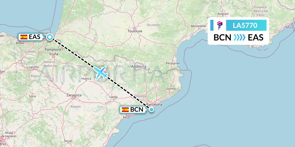 LA5770 LAN Airlines Flight Map: Barcelona to San Sebastian