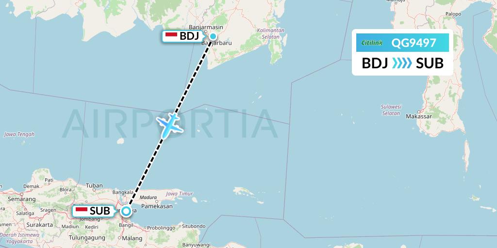 QG9497 Citilink Flight Map: Banjarmasin to Surabaya