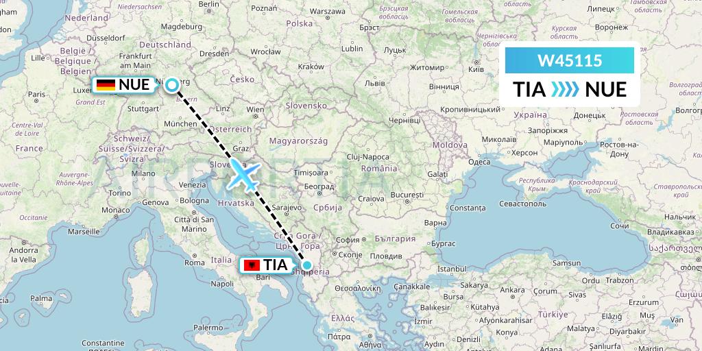 W45115 Wizz Air Malta Flight Map: Tirana to Nurnberg
