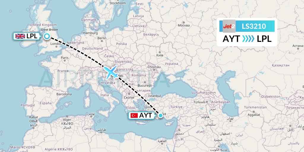 LS3210 Jet2 Flight Map: Antalya to Liverpool
