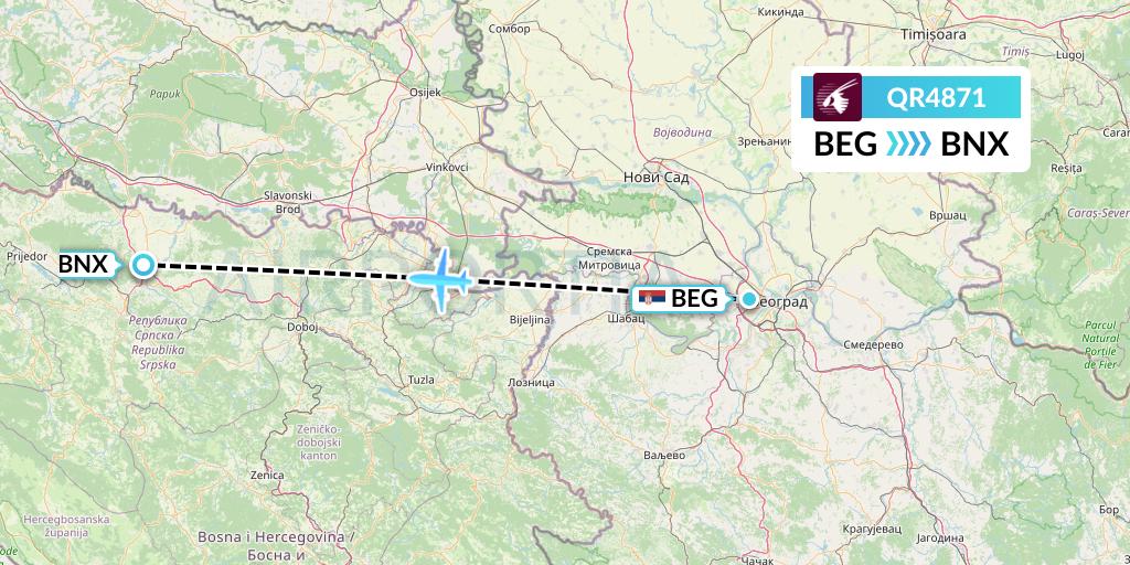 QR4871 Qatar Airways Flight Map: Belgrade to Banja Luka