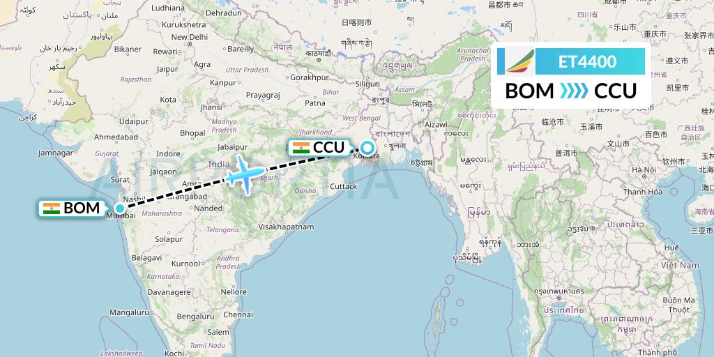 ET4400 Ethiopian Airlines Flight Map: Mumbai to Kolkata