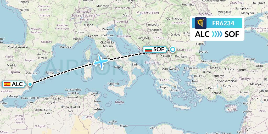 FR6234 Ryanair Flight Map: Alicante to Sofia