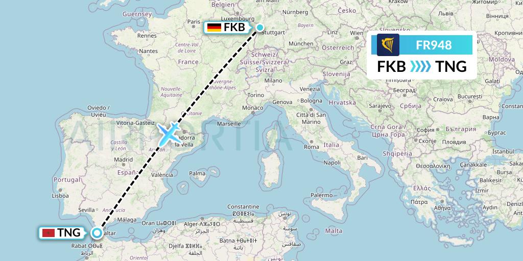FR948 Ryanair Flight Map: Karlsruhe/Baden-Baden to Tangier