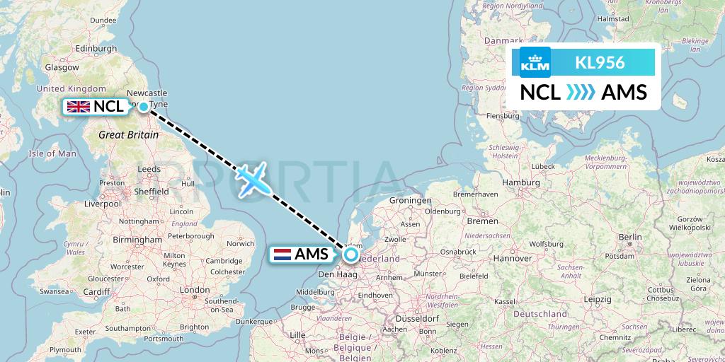 KL956 KLM Flight Map: Newcastle to Amsterdam