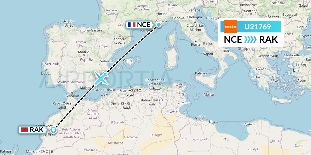 U21769 EasyJet Flight Map: Nice to Marrakesh