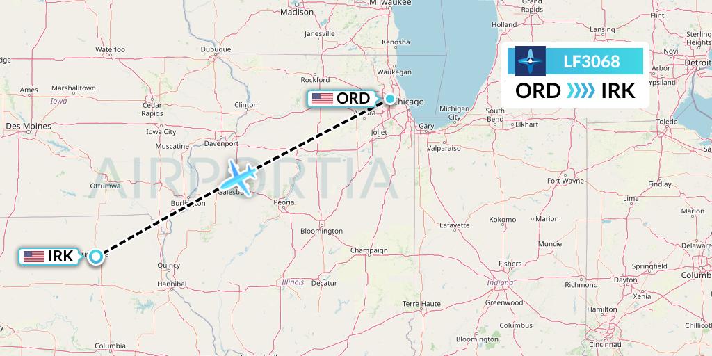 LF3068 Corporate Flight Management Flight Map: Chicago to Kirksville