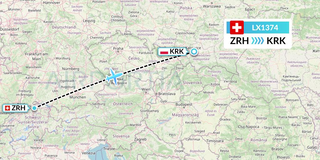 LX1374 Swiss Flight Map: Zurich to Krakow