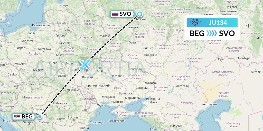 JU134 AirSERBIA Flight Map: Belgrade to Moscow