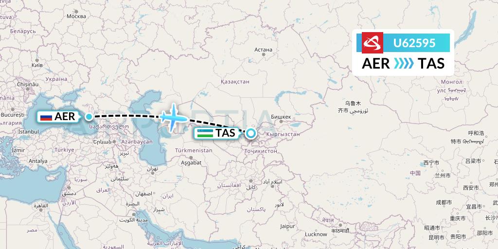 U62595 Ural Airlines Flight Map: Sochi to Tashkent