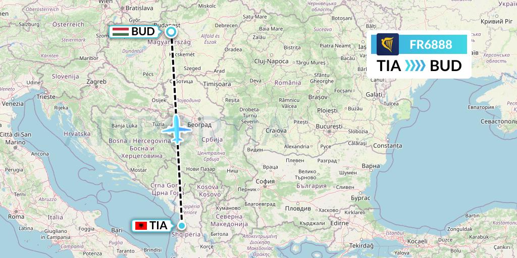 FR6888 Ryanair Flight Map: Tirana to Budapest