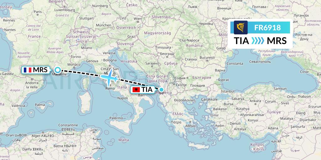 FR6918 Ryanair Flight Map: Tirana to Marseille