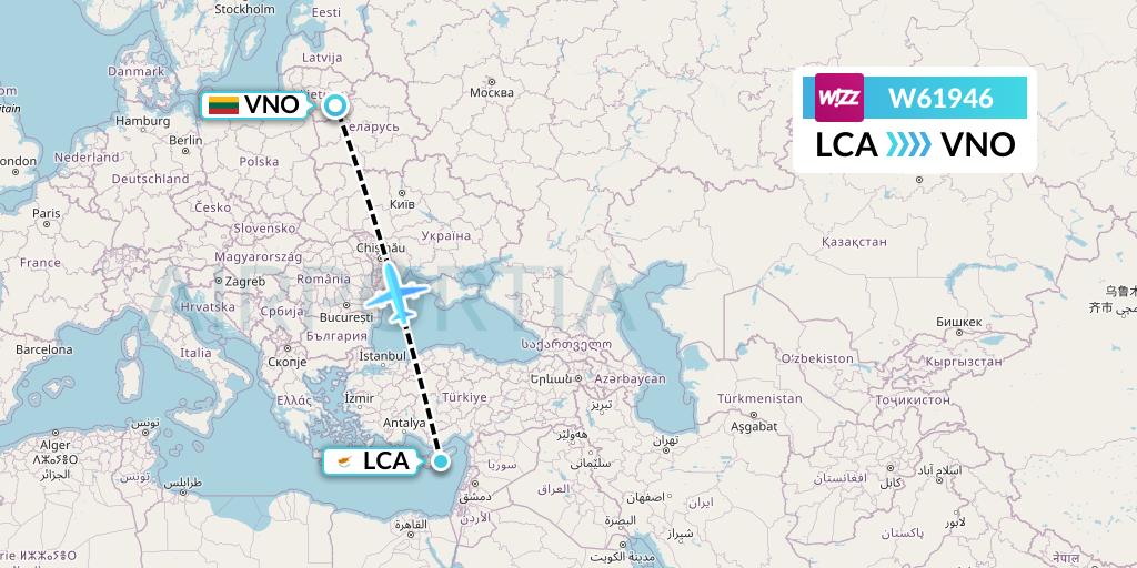 W61946 Wizz Air Flight Map: Larnaca to Vilnius