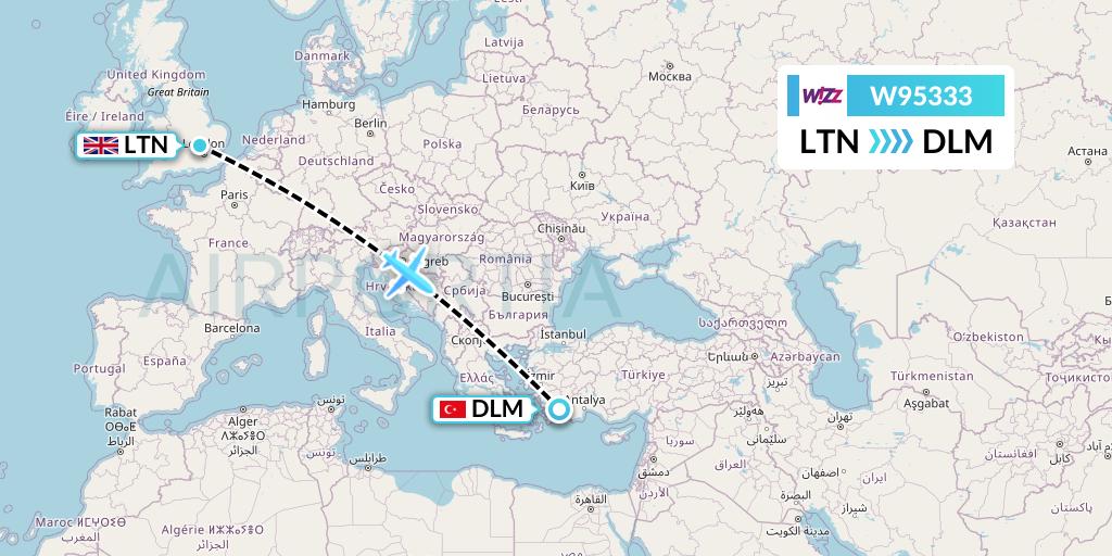 W95333 Wizz Air UK Flight Map: London to Dalaman