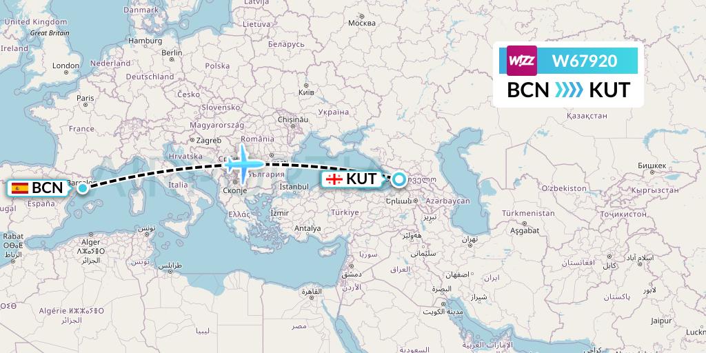W67920 Wizz Air Flight Map: Barcelona to Kutaisi