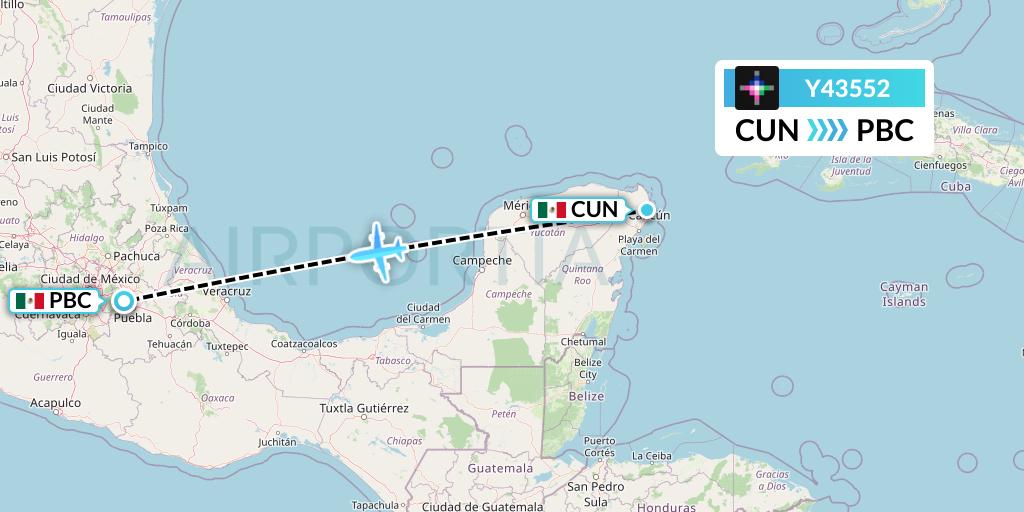 Y43552 Volaris Flight Map: Cancun to Puebla