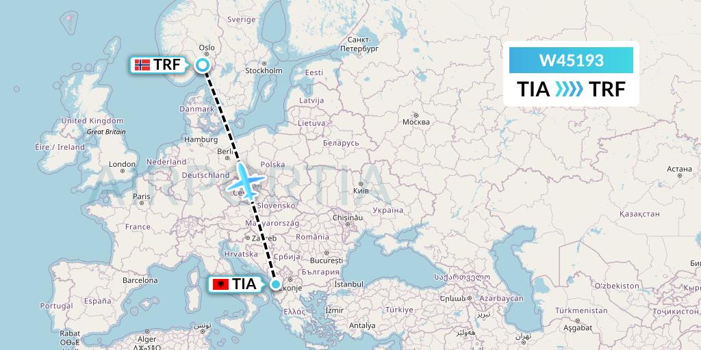 W45193 Wizz Air Malta Flight Map: Tirana to Oslo