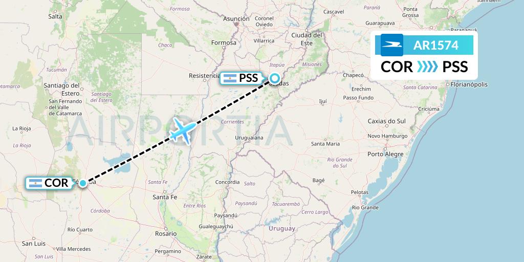 AR1574 Aerolineas Argentinas Flight Map: Cordoba to Posadas