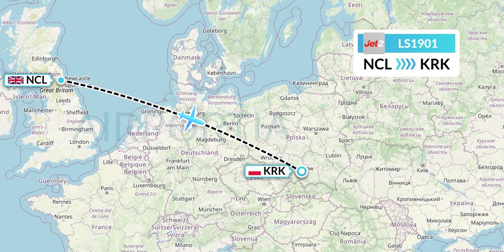 LS1901 Jet2 Flight Map: Newcastle to Krakow
