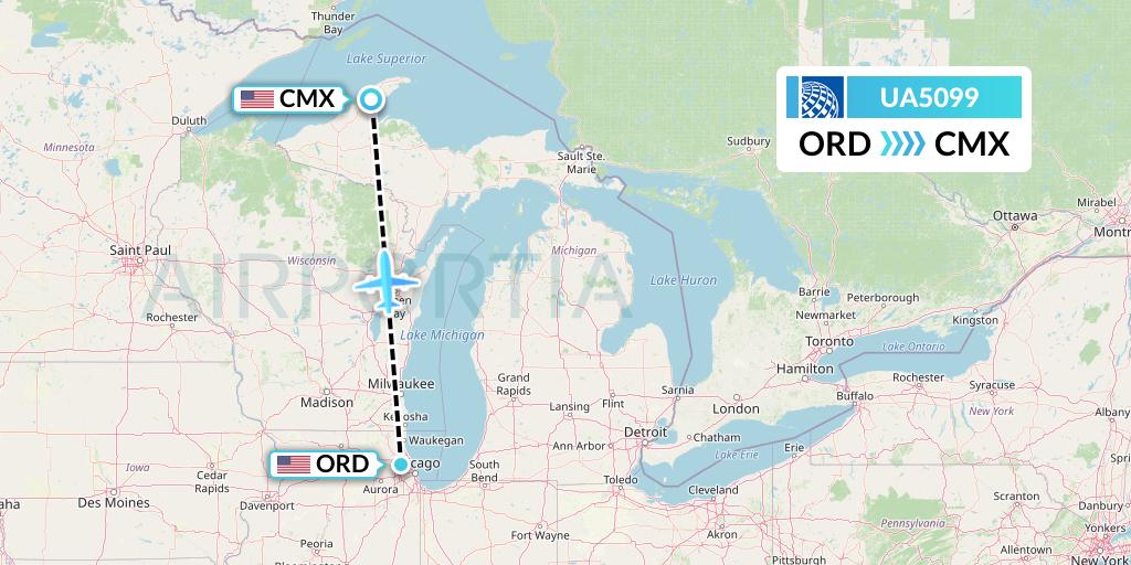 UA5099 United Airlines Flight Map: Chicago to Hancock