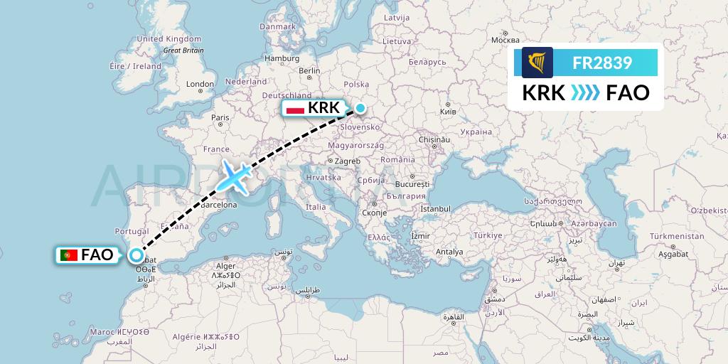 FR2839 Ryanair Flight Map: Krakow to Faro
