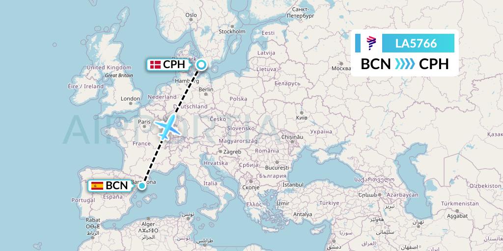 LA5766 LAN Airlines Flight Map: Barcelona to Copenhagen