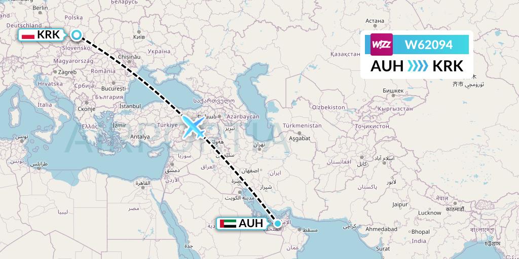 W62094 Wizz Air Flight Map: Abu Dhabi to Krakow